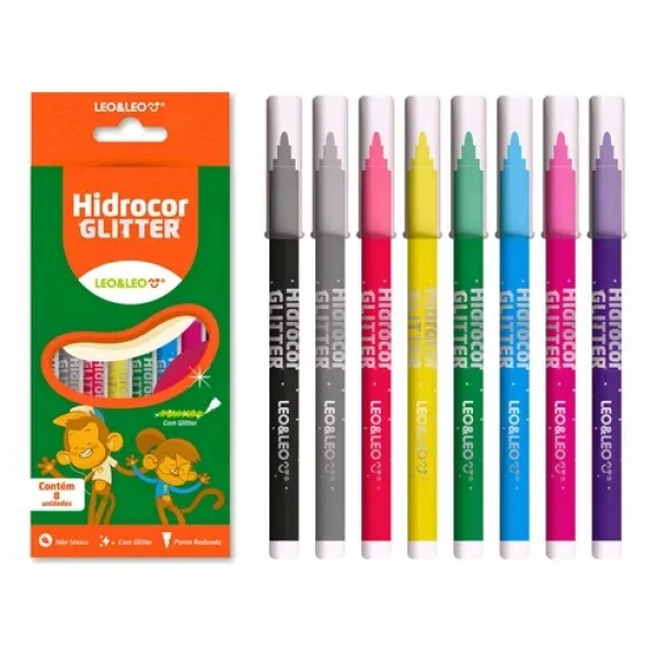 CANETINHA HIDROCOR COM GLITTER 8 CORES LEO&LEO