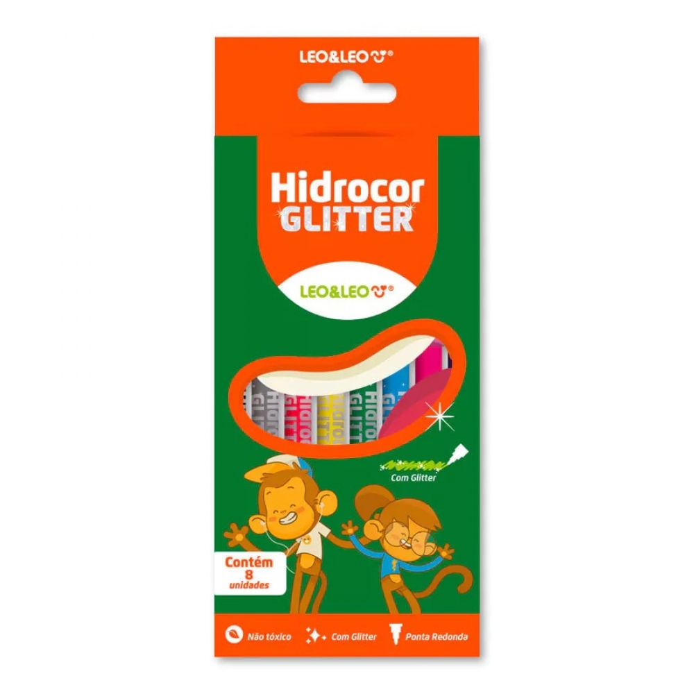 CANETINHA HIDROCOR COM GLITTER 8 CORES LEO&LEO