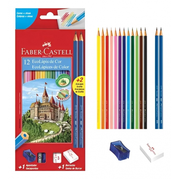 LÁPIS FABER - CASTELL 12 CORES + APONTADOR + BORRACHA + 2 LÁPIS