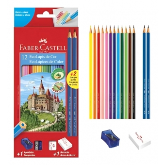 LÁPIS FABER - CASTELL 12 CORES + APONTADOR + BORRACHA + 2 LÁPIS