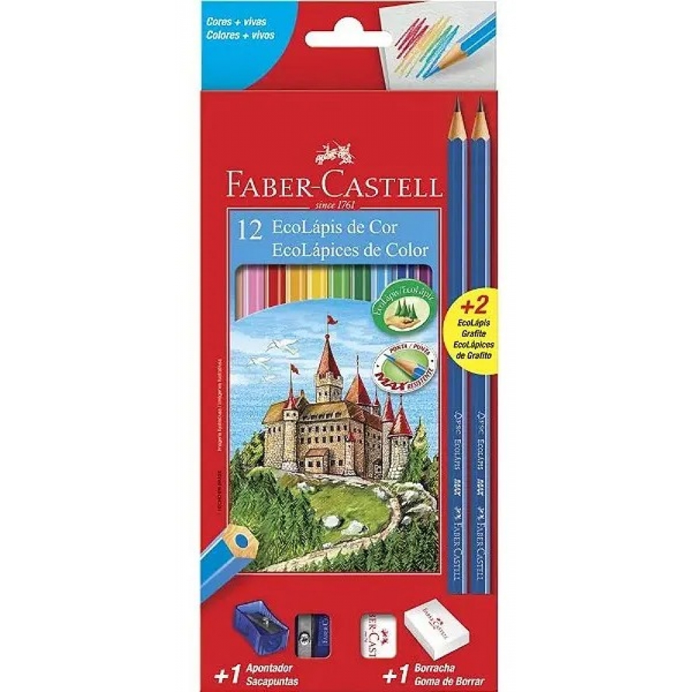 LÁPIS FABER - CASTELL 12 CORES + APONTADOR + BORRACHA + 2 LÁPIS