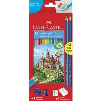 LÁPIS FABER - CASTELL 12 CORES + APONTADOR + BORRACHA + 2 LÁPIS